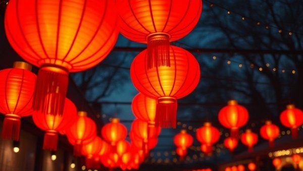 Red lanterns illuminating night sky at Dallas Lunar New Year celebrations.