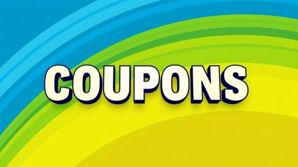 Bold 'COUPONS' text on abstract blue-green pattern background.