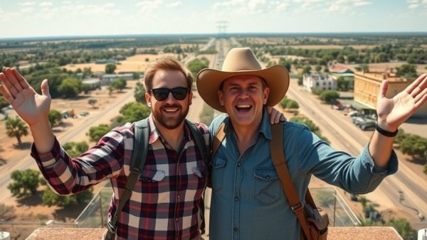 Excited duo in front of scenic Texas town background.
