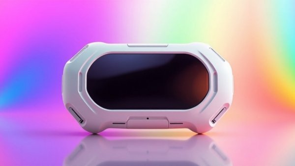 Sleek white device with rainbow background, futuristic sex toy.