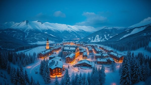 Les 3 Vallées ski resort at twilight with warm, glowing lights.