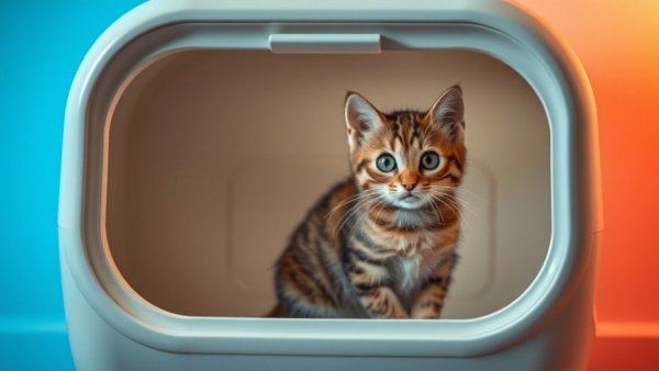 Best Automatic Litter Boxes with tabby cat inside, vibrant background.