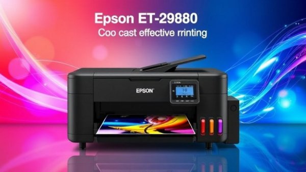 Epson ET-2980 printer savings promotion with colorful background.