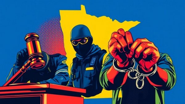 Abstract ICE operations in Minnesota with legal and enforcement symbolism.