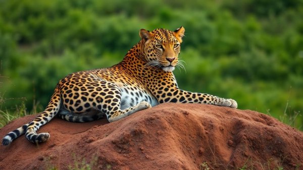 Leopard resting in Zambia Safari, Nsefu. Verdant wild background.