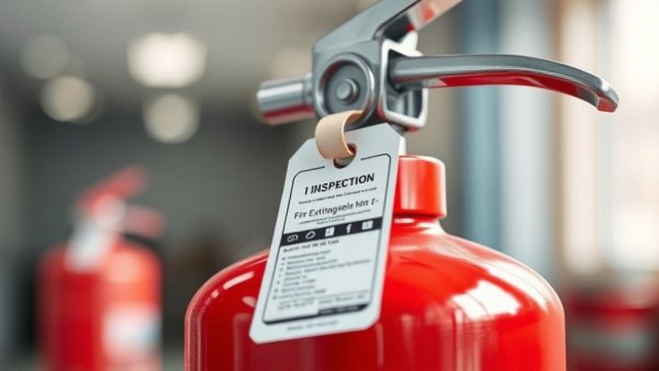 Detailed view of a fire extinguisher with inspection tag.