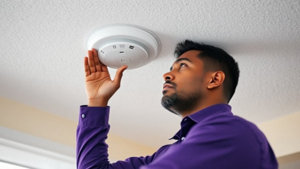 Man in purple uniform resetting smoke alarm on ceiling in bright room.