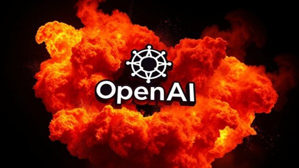 OpenAI logo amidst fiery explosion, illustrating GPT-4o discontinuation.