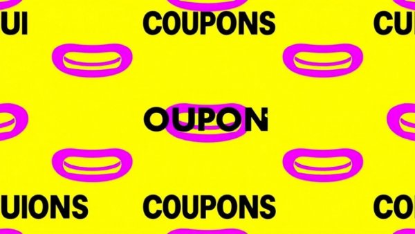 Bold purple coupon graphic with text overlay.