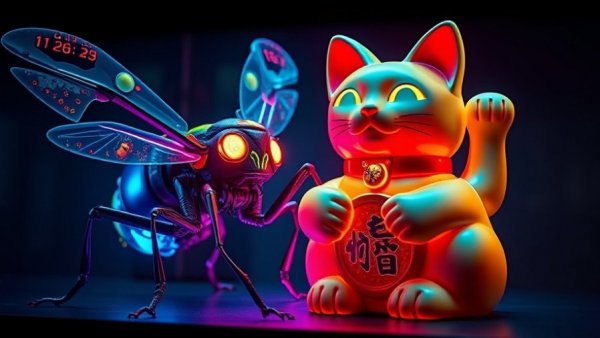 Surreal zero-point energy scene with robotic insect and glowing cat.