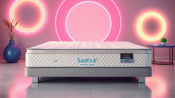 Saatva Memory Foam Hybrid Mattress in a modern design against a vibrant background.