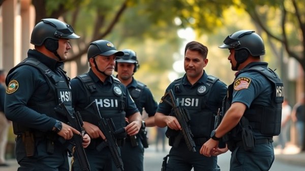 ICE internal forum: Tactical officers in discussion outdoors.