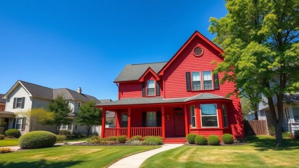 Charming red house in suburban area, flat rate real estate agents context.