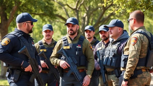 ICE agents forum, officers in tactical gear, outdoor meeting.