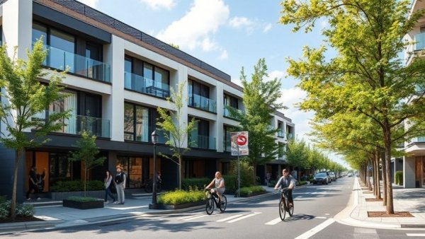 Modern townhouses and people in the Chicago Missing Middle Housing Initiative.