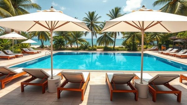 Luxurious poolside at beach resort in Phuket with loungers.
