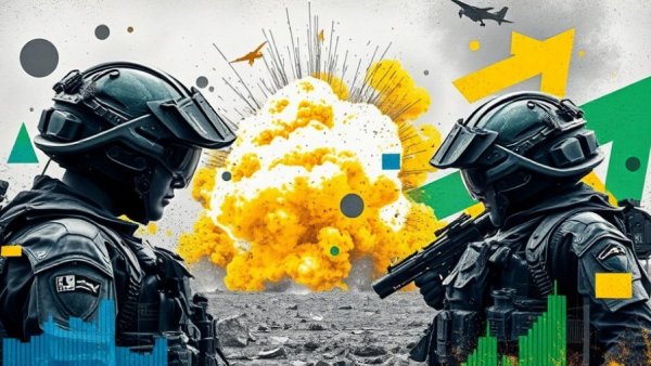 Collage depicting AI in military technology with soldiers and explosion.