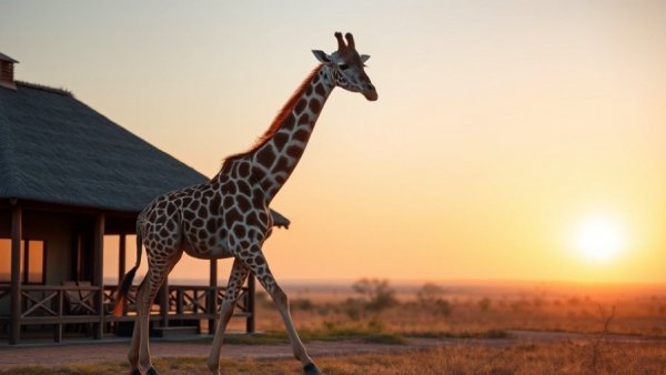 Giraffe near safari lodge at sunset, family friendly stays in Kenya and Tanzania