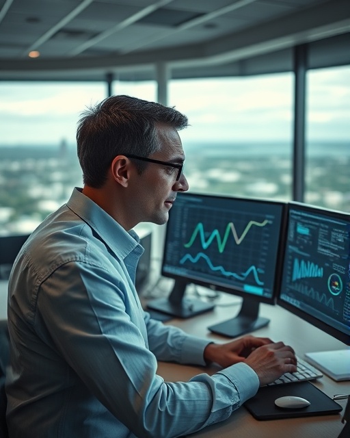 technical SEO analytics, focused expression, interpreting graphs, photorealistic, digital office with a panoramic view of a city, highly detailed, computers displaying complex data visualizations, precise engineering, cool tones, fluorescent lighting, shot with a 70-200mm lens.