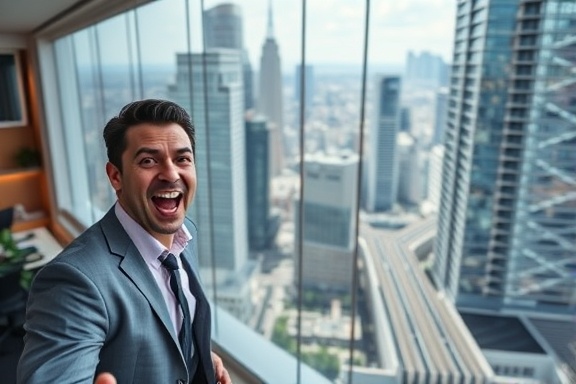 dynamic SEO ranking, excited expression, achieving high performance, photorealistic, corporate office overlooking a bustling business district, highly detailed, charts and leaderboards dynamically changing, high-resolution clarity, contrasting colors, natural daylight, shot with a 35mm lens.