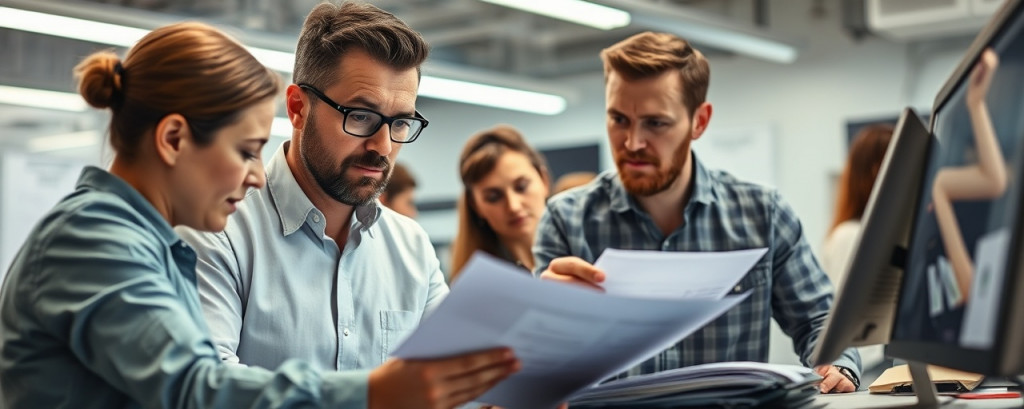 meticulous SEO audit, determined expression, cross-checking data, photorealistic, auditing firm with organized files and a large device panel, highly detailed, people working with focused yet collaborative energy, detailed textures, balanced colors, overhead fluorescent lighting, shot with a 24-70mm lens.