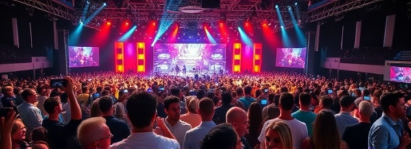 lively socialmedia engagement, enthusiastic, interacting, photorealistic, dynamic social event with diverse crowd and elaborate stage, highly detailed, people using various devices to connect, sharp focus, bright hues, spotlight lighting, shot with a 24mm lens.