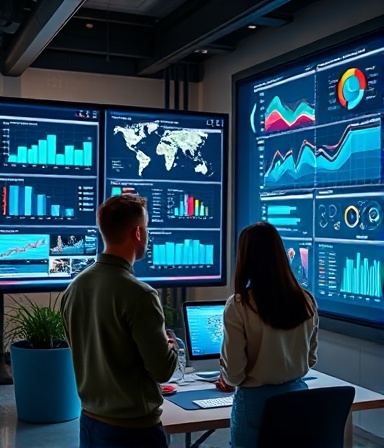 innovative socialmedia marketing, visionary, planning, photorealistic, modern workspace with interactive screens and charts, highly detailed, people in discussion, high clarity, tech-themed colors, ambient lighting, shot with a 70-200mm zoom lens.