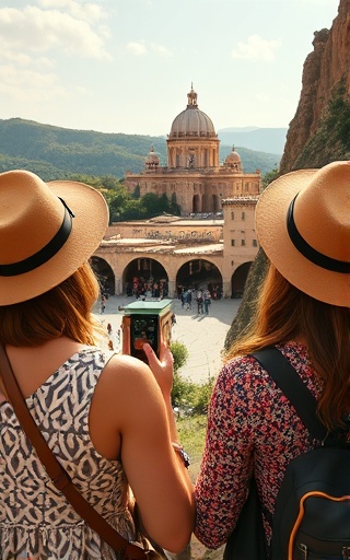 charming socialmedia influencers, aspirational, traveling, photorealistic, scenic travel destination with natural landscapes and historical architecture, highly detailed, influencer capturing moments, highly defined, earthy tones, natural sunlight, shot with a drone camera.