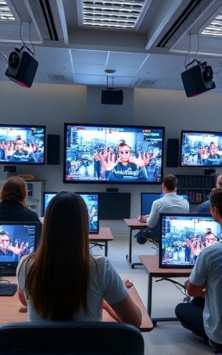 interactive socialmedia content, educational, explaining, photorealistic, digital classroom with virtual reality setups and engaged students, highly detailed, screens displaying educational content, pixel-perfect, monochromatic with color accents, backlit lighting, shot with a panoramic lens.