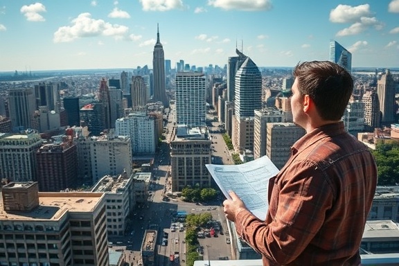 visionary missionstrategy, contemplative, outlining plans, photorealistic, in a bustling urban cityscape from a rooftop view, highly detailed, traffic below, wide focus, vibrant colors, natural daylight, shot with a 50mm lens.