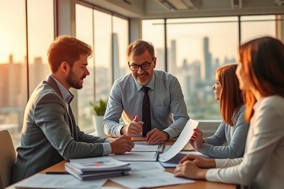 experienced expertisemanagement, confident, guiding a team, photorealistic, in an open-plan office overlooking a city skyline, highly detailed, documents scattered around, shallow depth of field, warm tones, directional soft lighting, shot with a 24mm lens.