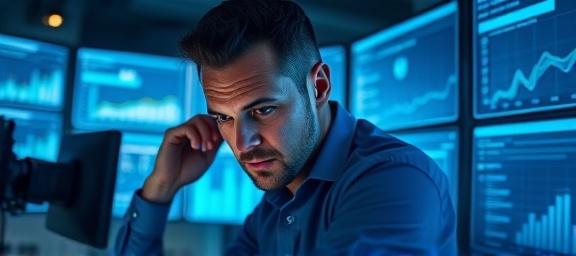 proficient expertiseskills, focused, analyzing data, photorealistic, in a high-tech control room with multiple monitors, highly detailed, graphs and statistics visible, sharp clarity, cool blues, overhead lighting, shot with a macro lens.