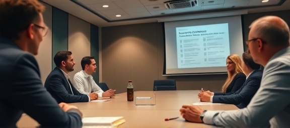 strategic missionstrategy, calculated, presenting ideas, photorealistic, in a corporate boardroom with a projection screen, highly detailed, participants attentive, close focus, muted colors, soft overhead lighting, shot with a 40mm lens.