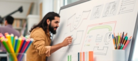 innovative expertiseskills, dynamic, collaborating on a whiteboard, photorealistic, in a creative workspace filled with art supplies, highly detailed, colorful markers and sketches, depth of field effect, pastel colors, natural window light, shot with a tilt-shift lens.