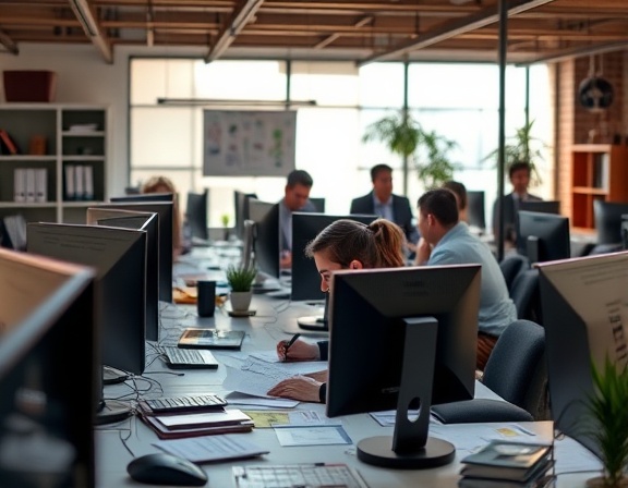 dynamic marketing plan, focused, implementing steps, photorealistic, busy workspace with computers and papers around, highly detailed, team collaborating actively, ISO 200, f/4.5, corporate hues, warm interior lighting, shot with a 35mm lens.