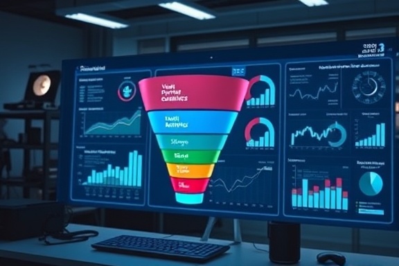 strategic marketing funnel, analytical, optimizing funnel stages, photorealistic, digital marketing dashboard in a tech-savvy office, highly detailed, data visualizations popping out, ISO 400, f/5.6, cool tones, LED backlit, shot with an 85mm lens.