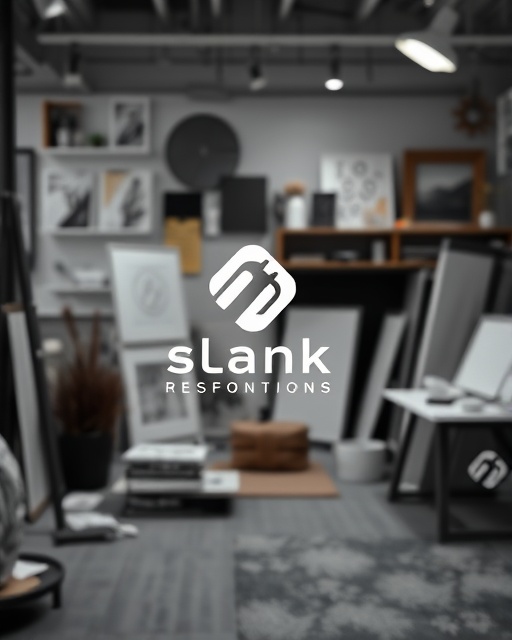 sleek branding logo, minimalist expression, representing, photorealistic, creative studio with design materials in the background, highly detailed, vector elements and typography, high resolution, monochrome with hints of color accents, soft ambient lighting, shot with a macro lens.