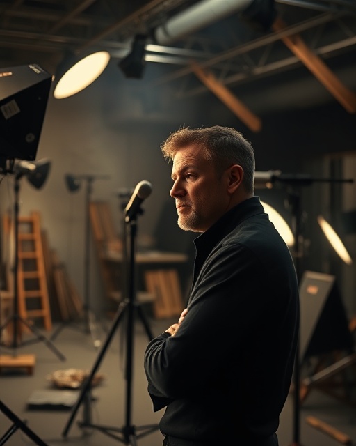 cinematography production, thoughtful expression, adjusting lighting rigs, photorealistic, inside a dimly lit studio with scattered props, highly detailed, shifting shadows across the set, sharp focus, muted colors, soft ambient lighting, shot with a 50mm lens.