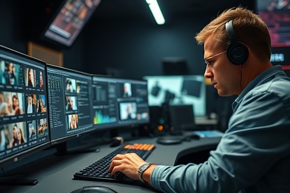 dynamic video editing, meticulous concentration, arranging clips on a timeline, photorealistic, high-tech editing suite with multiple screens, highly detailed, flickering light from monitors, ultra HD, cool work environment, fluorescent lighting, shot with an 85mm lens.