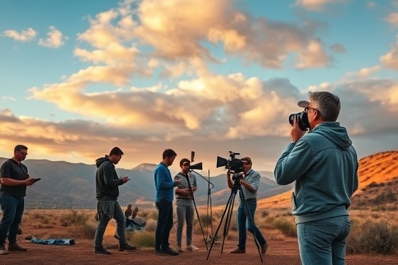 dedicated production crew, collaborative spirit, setting up for a shoot, photorealistic, outdoor location with diverse scenery, highly detailed, clouds moving across the sky, crisp focus, balanced color palette, golden hour illumination, shot with a 35mm lens.