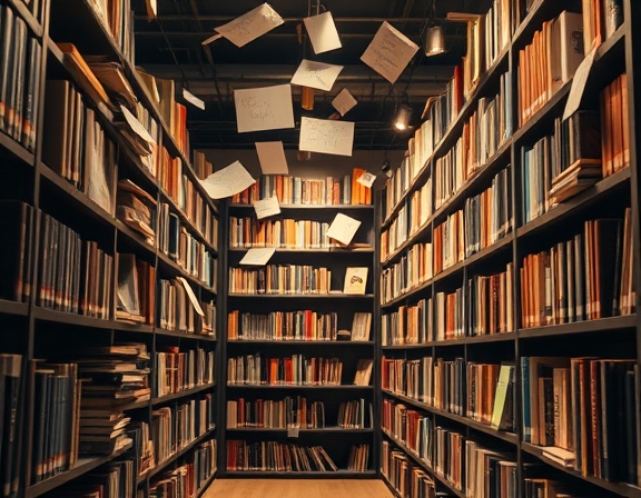 diverse content ideas, inquisitive, generating, photorealistic, library with shelves full of books and notes, highly detailed, floating thought bubbles, ultra-sharp, warm, chiaroscuro lighting, shot with a 35mm lens.