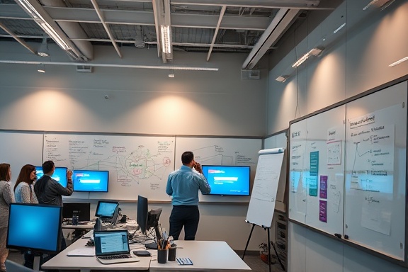strategic content marketing, focused, planning, photorealistic, bustling office with whiteboards and digital screens, highly detailed, animated lines connecting points, 4k clarity, subdued, ambient lighting, shot with an 85mm lens.