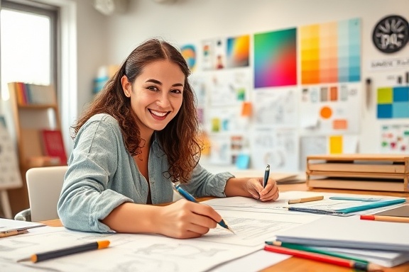 creative blog design, enthusiastic, sketching, photorealistic, design studio with mood boards and color palettes, highly detailed, overlapping layers of drafts, high resolution, colorful, soft natural lighting, shot with a 24mm lens.