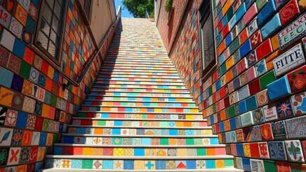 Colorful mosaic staircase in urban setting for Avios Summer Holidays
