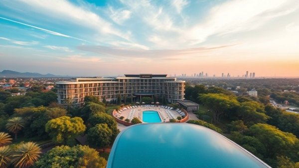 Aerial view of Saxon Hotel Johannesburg with city skyline.