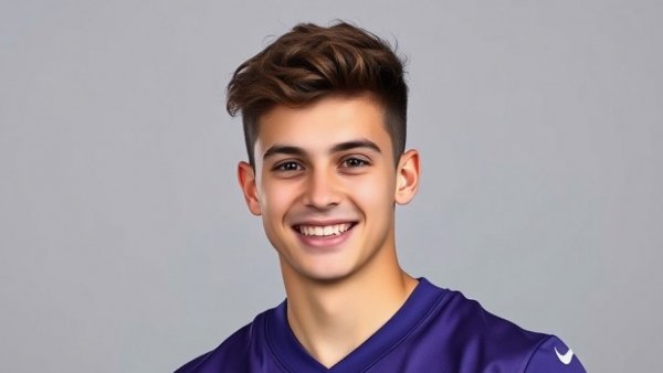Portrait of a young man in a purple jersey, neutral background.