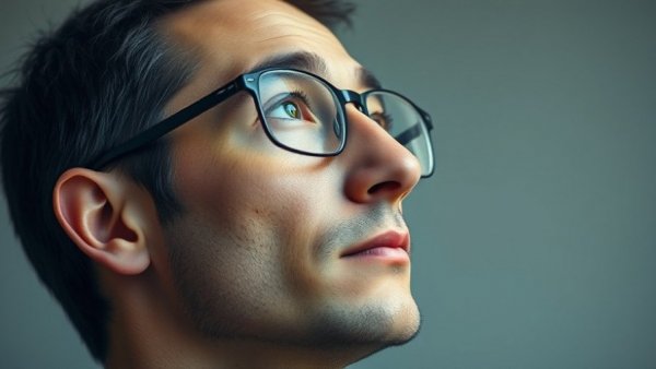 Focused man with glasses, thoughtful expression, close-up view