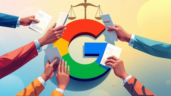 Abstract illustration of Google subpoena response with hands and documents.