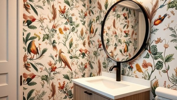 Elegant powder room with botanical wallpaper; best wallpaper for powder room.