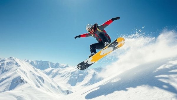 Exciting Stubai Valley winter sports snowboarding jump on a sunny day